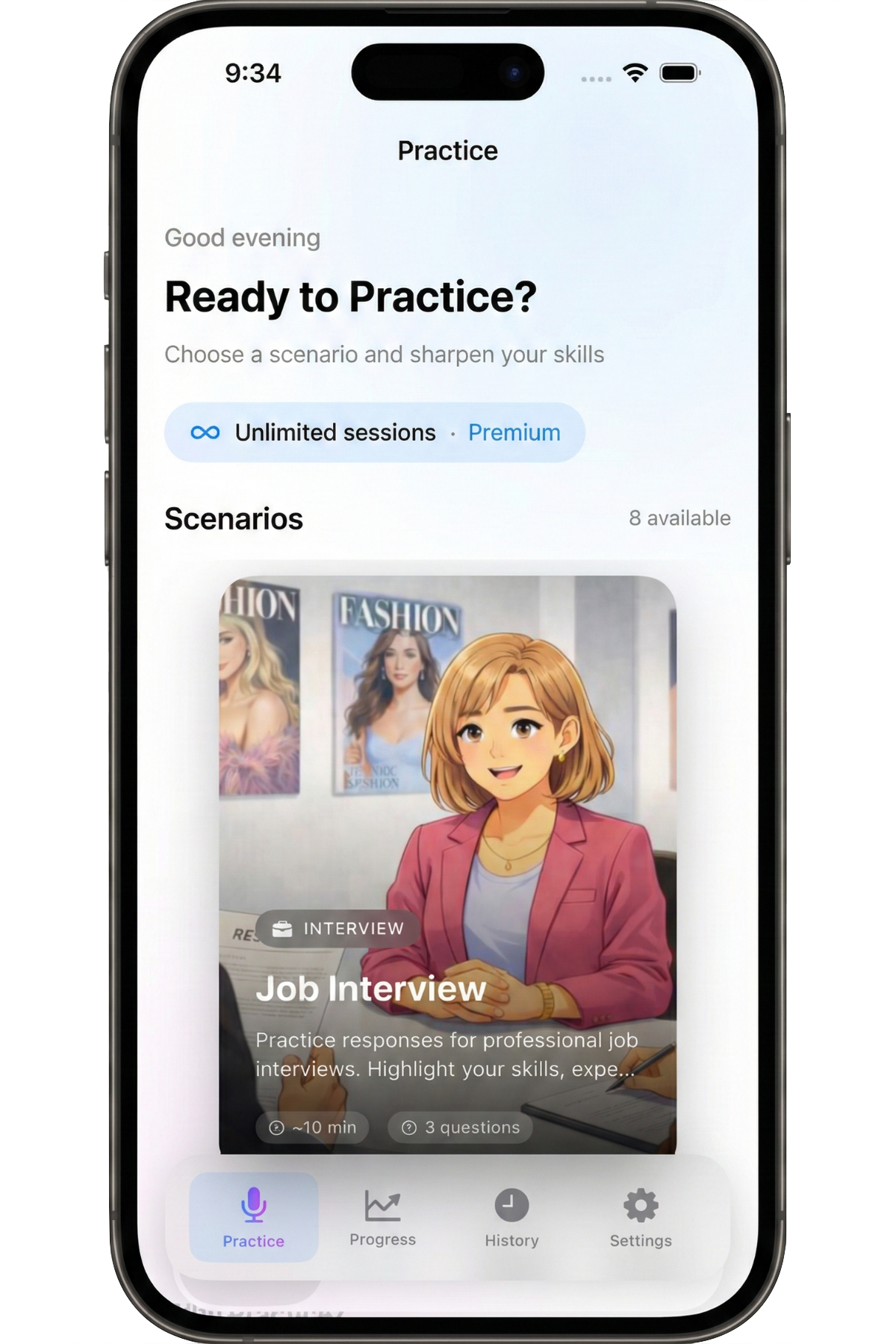 Pantalla de escenarios de práctica